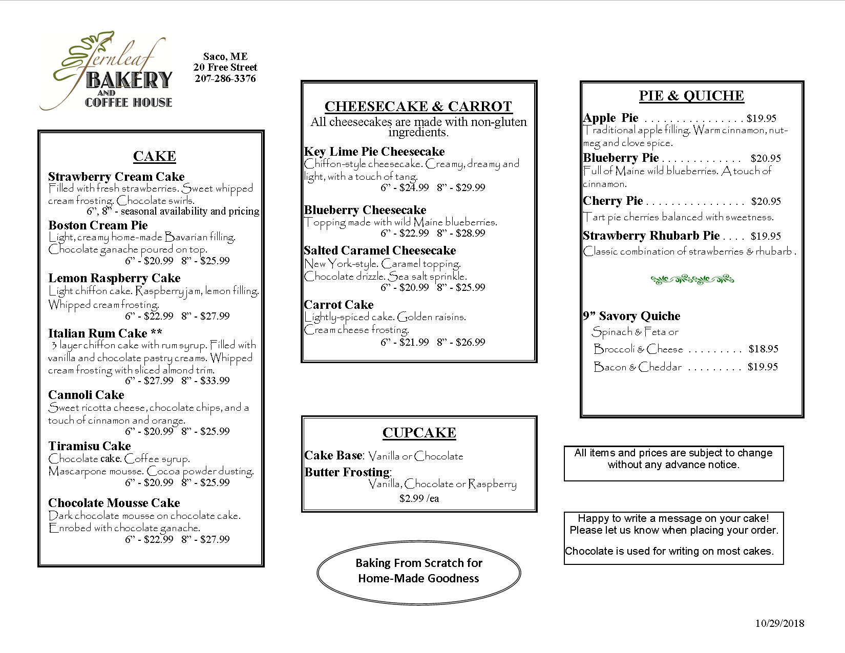 Fernleaf Cakes/Pies Menu